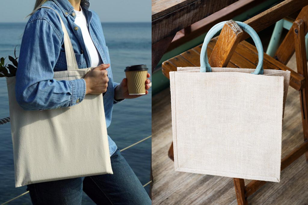 Woman holding a jute bag and a coffee next to the ocean and Jute bag hanging off a chair on a boat.