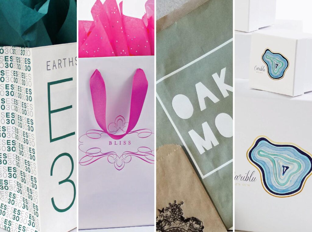 Examples of Hot Stamp, Ink and 4 Color Process Customization on Paper Bags.