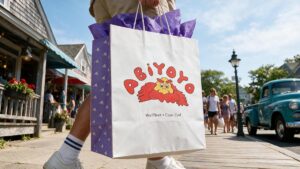 Abiyoyo Custom Midtown Paper Shopper carried through street on Cape Cod