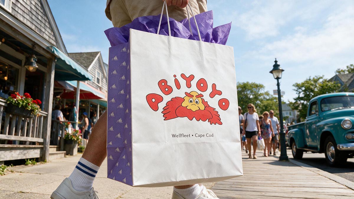 Abiyoyo Custom Midtown Paper Shopper carried through street on Cape Cod