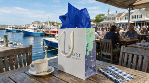 Beauport Hotel Gloucester Fully Custom Enviro Shopping Bag on table at cafe overlooking the Harbor.