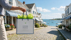 Centre Pointe Nantucket Bag being held over cobblestone road leading to the water