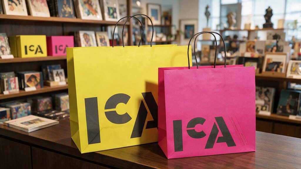 ICA Custom Midtown Paper Shoppers sitting on counter of the museum store