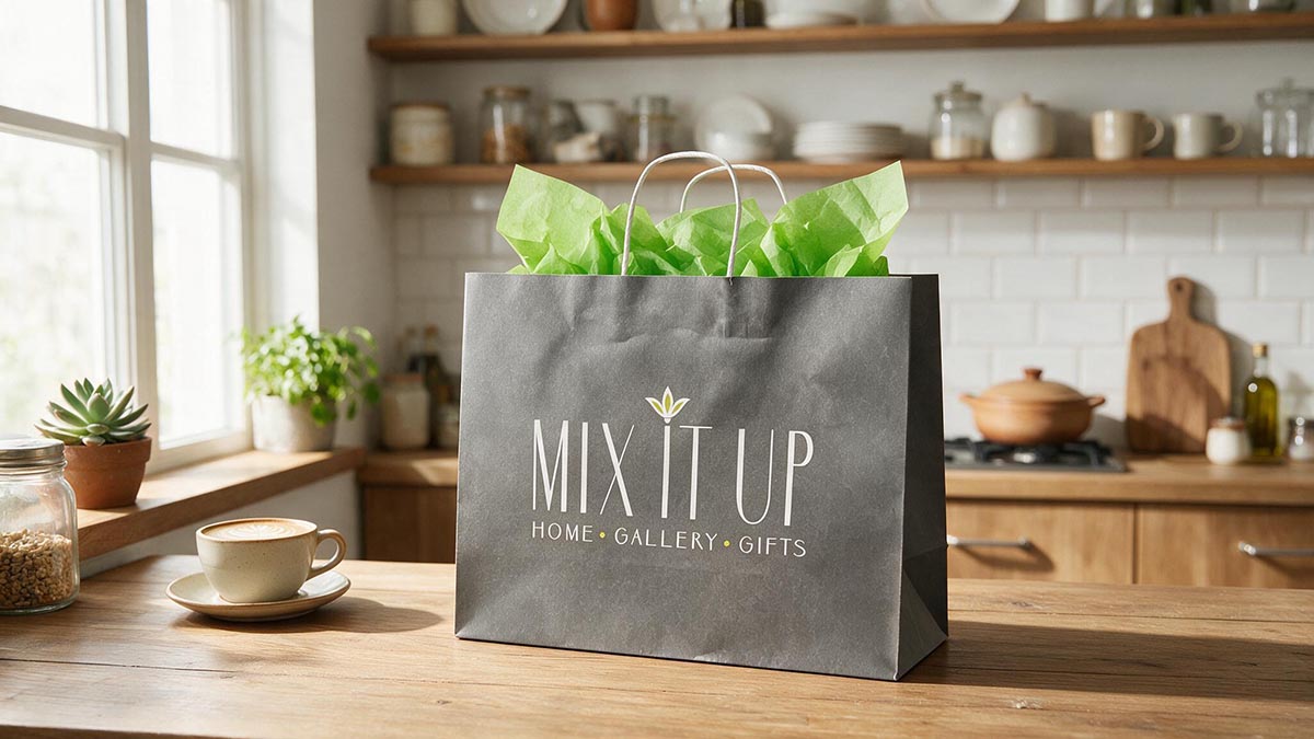 Mix it Up Custom Paper Shopper on the counter