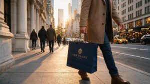 The Plaza Hotel Navy Laminated Euro-Tote being Caries down the streets of New Yorkk City