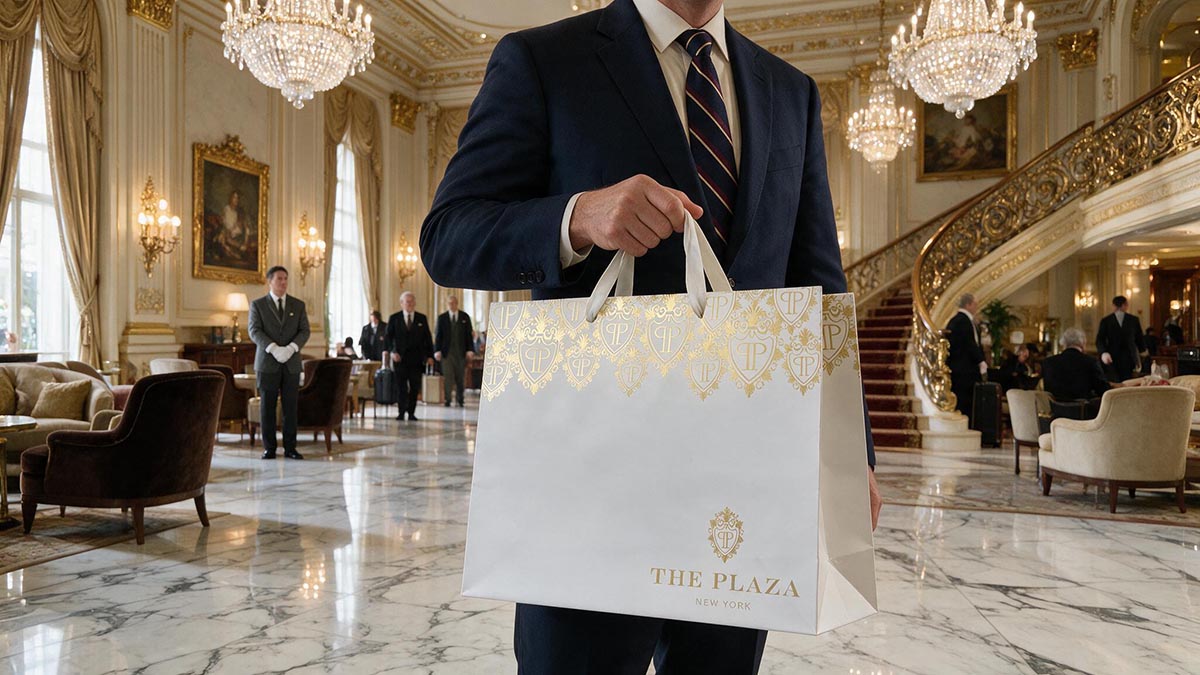 The Plaza Hotel Fully Custom White Euro-Tote being held my man in a Suite in the Lobby