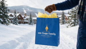 A Von Trapp Family Lodge Custom Paper Sshopper being held with the lodges in the background in the snow