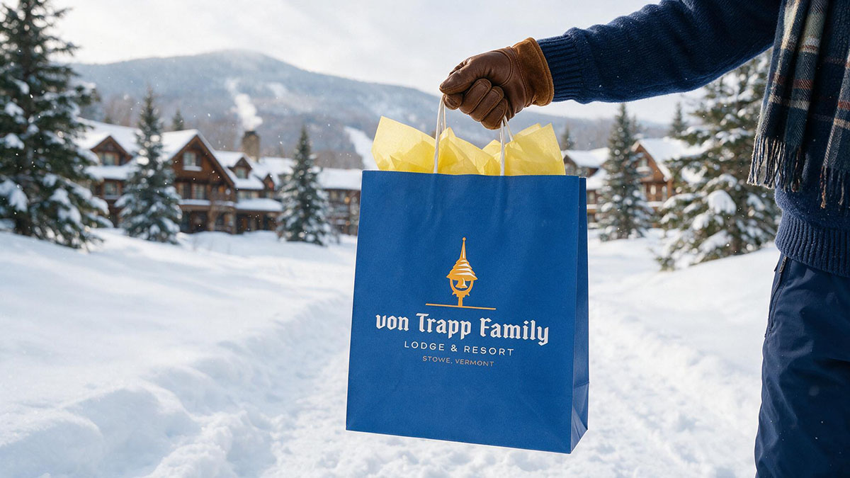 A Von Trapp Family Lodge Custom Paper Sshopper being held with the lodges in the background in the snow