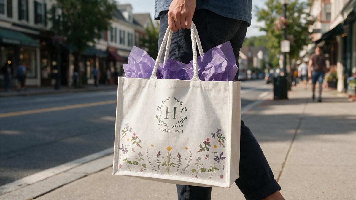Honeychurch Silk Screened Canvas Bag being carried down the s4