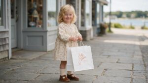 Little Girl holding a White Midtown shopping bag with the Silly Goose logo ink printed on it