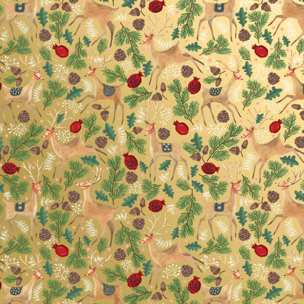 Holiday Wrapping Paper - Reindeer Tapestry Gold