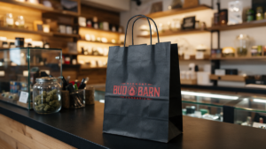 Bud Barn black Kraft Custom Bag on Counter