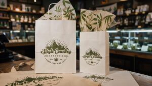 High Country Cannabis Branded Bags on Counter