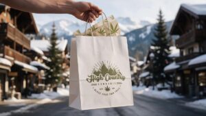 High Country Cannabis Custom White Kraft bag carried through mountain town