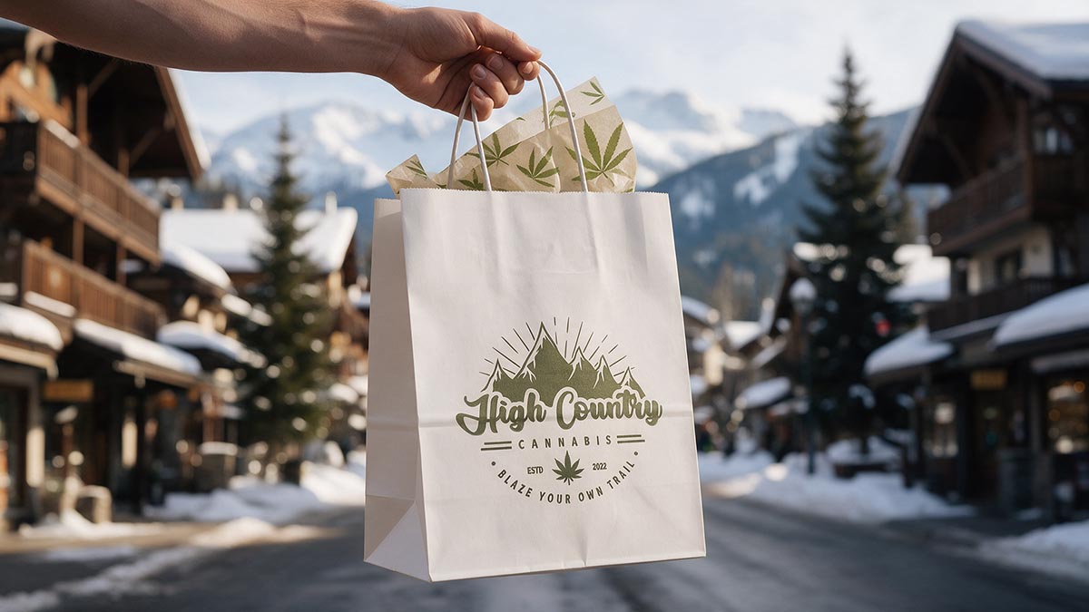 High Country Cannabis Custom White Kraft bag carried through mountain town